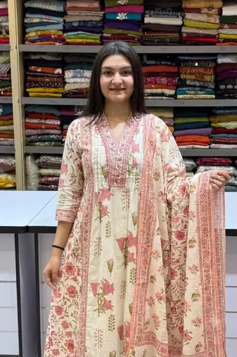 pink and cream floral printed handwork taj cotton a-line kurta suit set