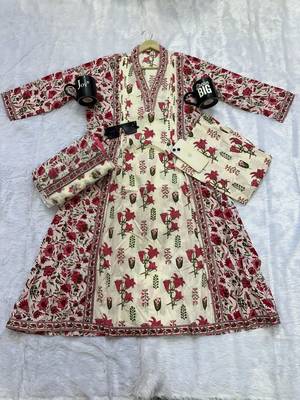 pink and cream floral printed handwork taj cotton a-line kurta suit set 4