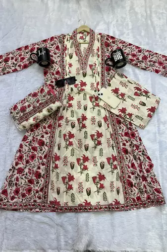 pink and cream floral printed handwork taj cotton a-line kurta suit set