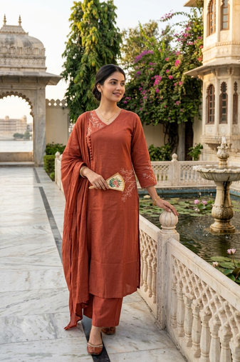 rust orange embroidered linen angrakha suit set