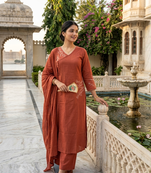 rust orange embroidered linen angrakha suit set