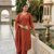 rust orange embroidered linen angrakha suit set