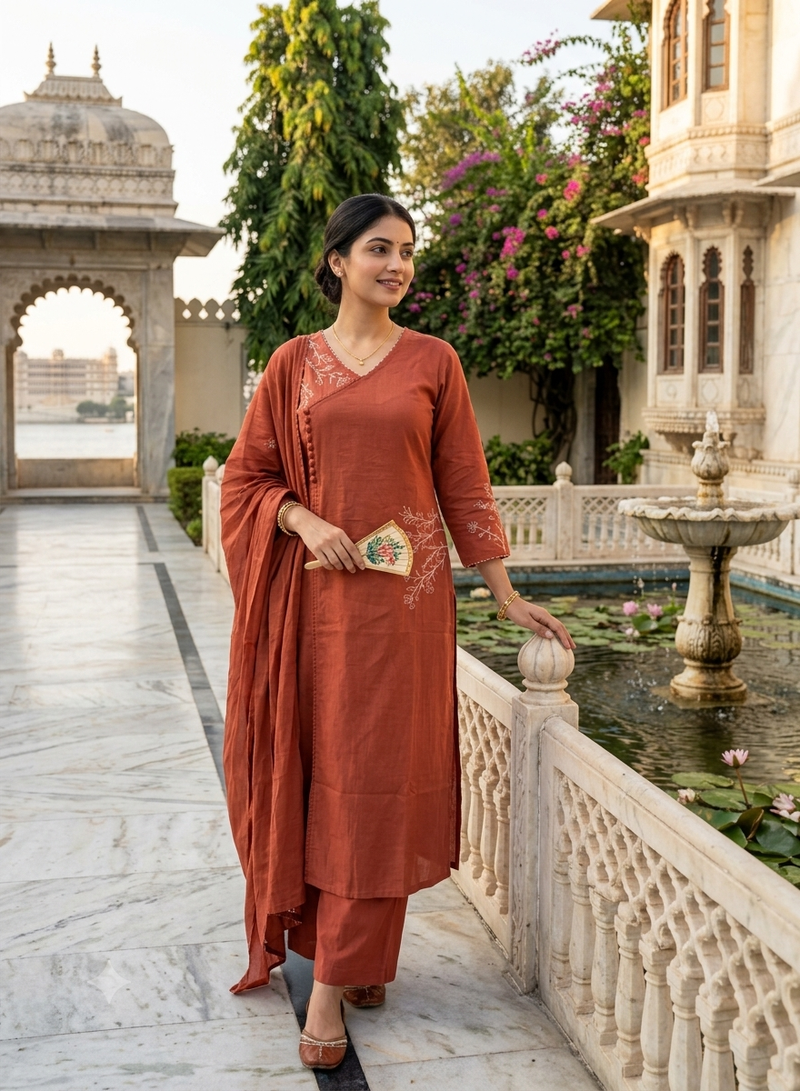 rust orange embroidered linen angrakha suit set