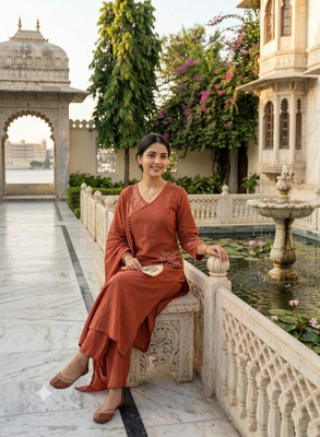 rust orange embroidered linen angrakha suit set 2
