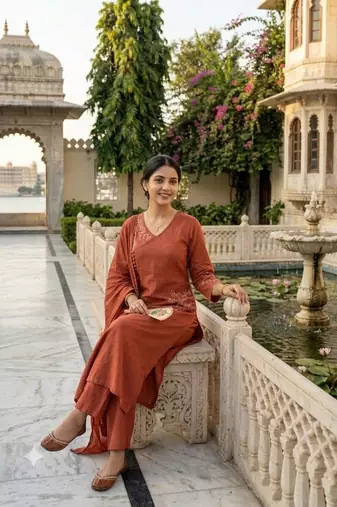 rust orange embroidered linen angrakha suit set
