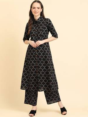 Geometric Printed Shirt Collar Regular Kurta with Trousers 1