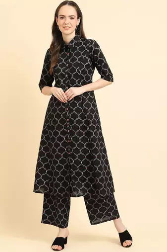 Geometric Printed Shirt Collar Regular Kurta with Trousers