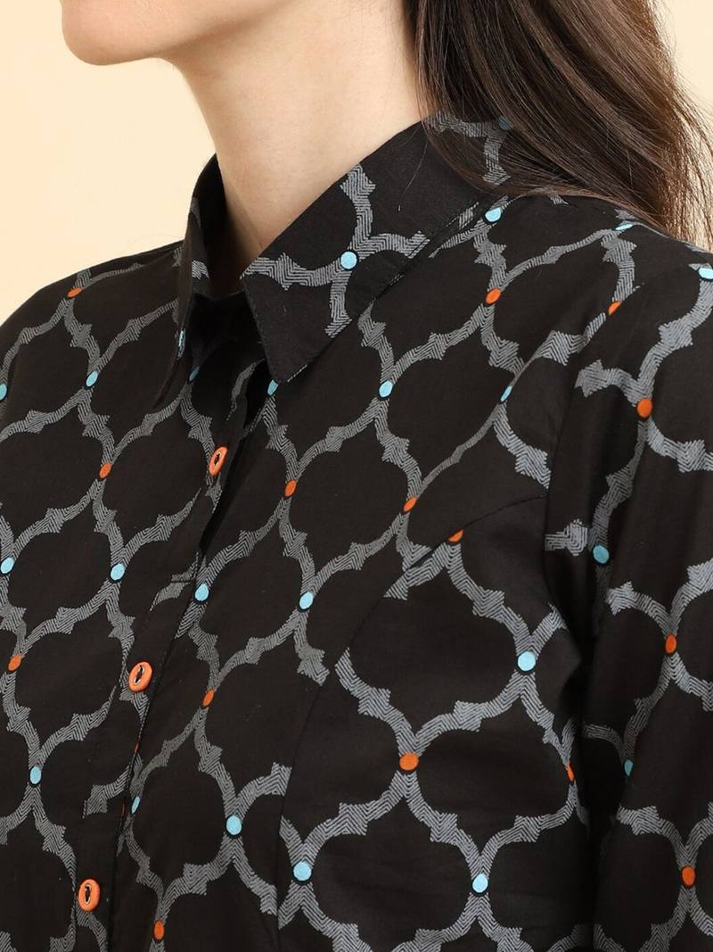 Geometric Printed Shirt Collar Regular Kurta with Trousers
