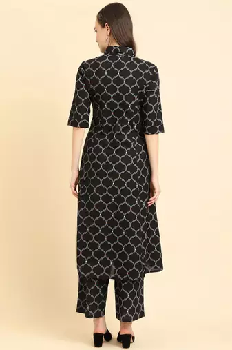 Geometric Printed Shirt Collar Regular Kurta with Trousers