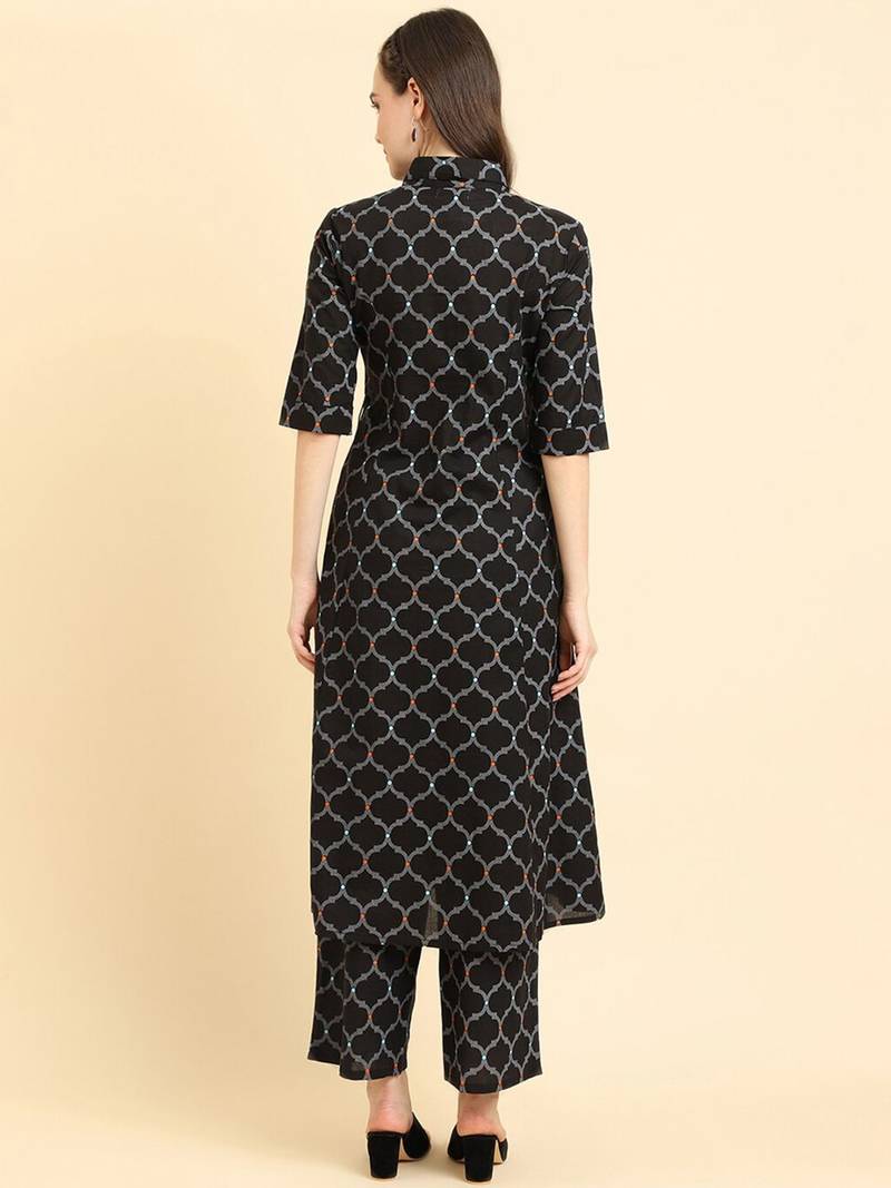 Geometric Printed Shirt Collar Regular Kurta with Trousers