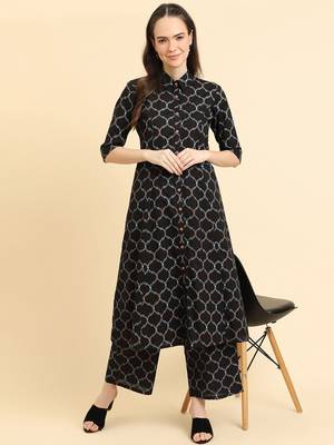 Geometric Printed Shirt Collar Regular Kurta with Trousers 5