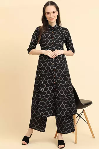Geometric Printed Shirt Collar Regular Kurta with Trousers
