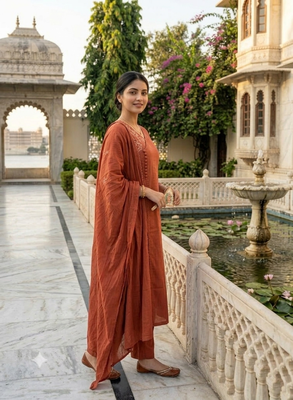 rust orange embroidered linen angrakha suit set 3