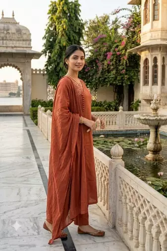 rust orange embroidered linen angrakha suit set