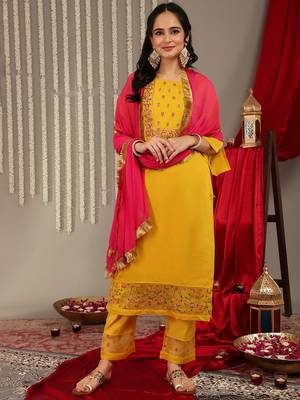 Floral Embroidered Yoke Design Kurta with Trousers & With Dupatta 1