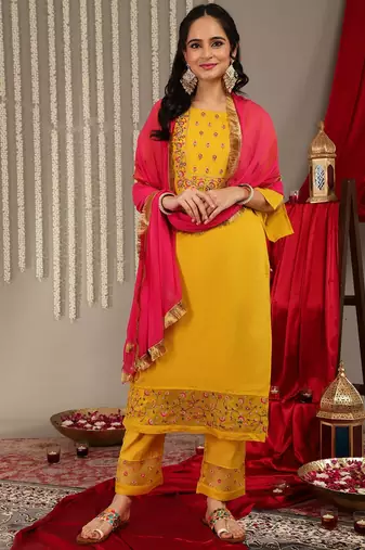 Floral Embroidered Yoke Design Kurta with Trousers & With Dupatta