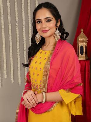 Floral Embroidered Yoke Design Kurta with Trousers & With Dupatta 2