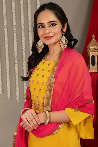 Floral Embroidered Yoke Design Kurta with Trousers & With Dupatta