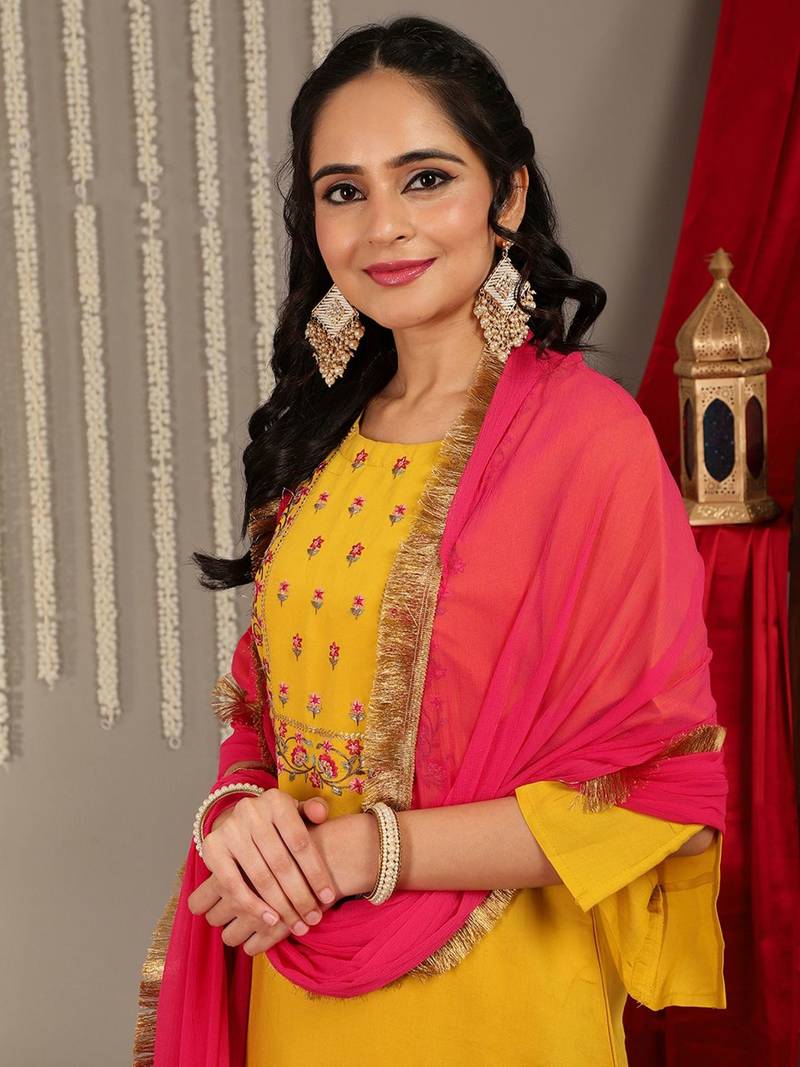 Floral Embroidered Yoke Design Kurta with Trousers & With Dupatta