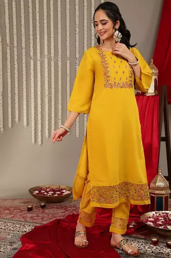 Floral Embroidered Yoke Design Kurta with Trousers & With Dupatta