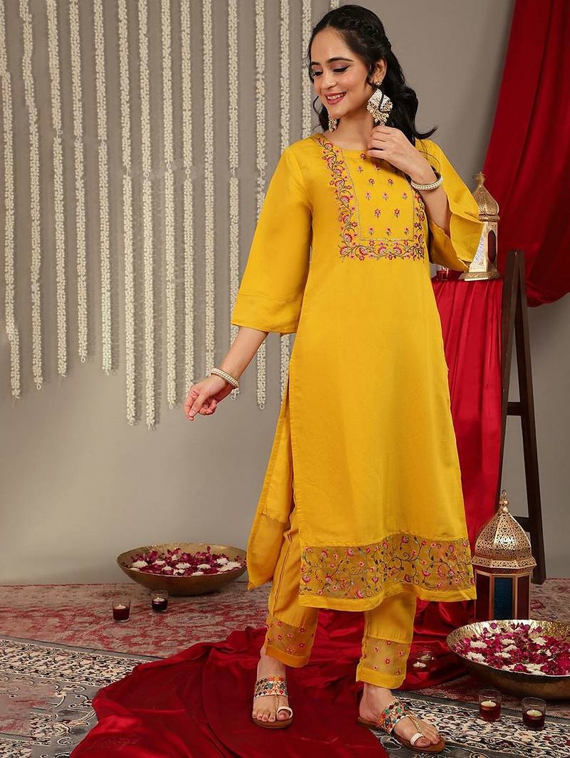 Floral Embroidered Yoke Design Kurta with Trousers & With Dupatta