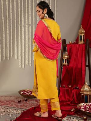 Floral Embroidered Yoke Design Kurta with Trousers & With Dupatta 6