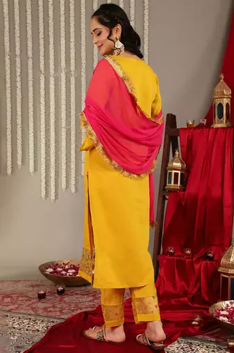Floral Embroidered Yoke Design Kurta with Trousers & With Dupatta
