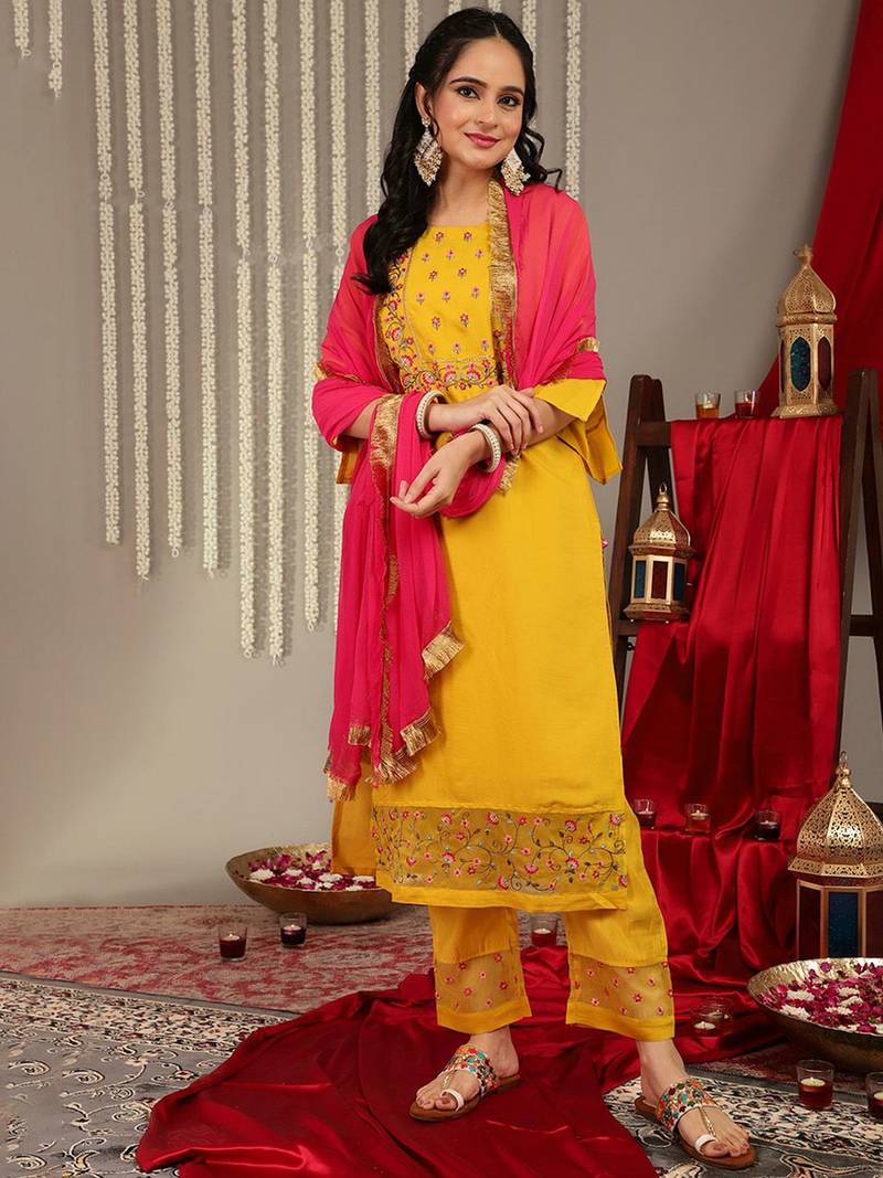 Floral Embroidered Yoke Design Kurta with Trousers & With Dupatta