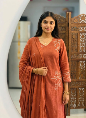 rust orange embroidered linen angrakha suit set 4