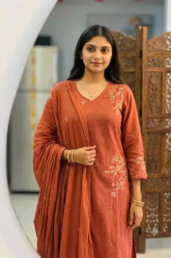 rust orange embroidered linen angrakha suit set