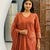 rust orange embroidered linen angrakha suit set
