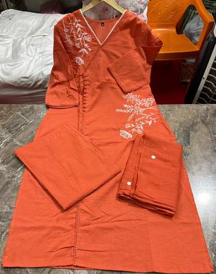 rust orange embroidered linen angrakha suit set 5