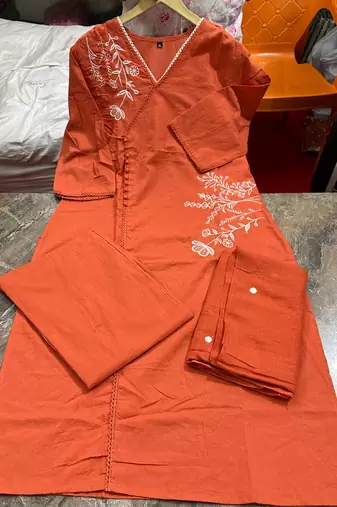 rust orange embroidered linen angrakha suit set