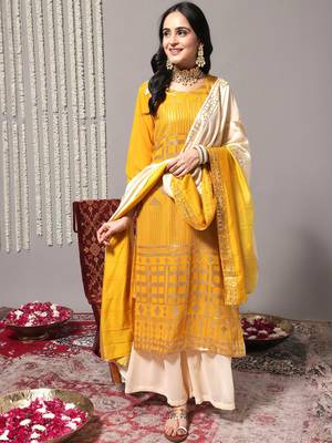 Ethnic Motifs Embroidered Sequinned Detail Straight Kurta & Sharara With Dupatta 1