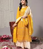 Ethnic Motifs Embroidered Sequinned Detail Straight Kurta & Sharara With Dupatta