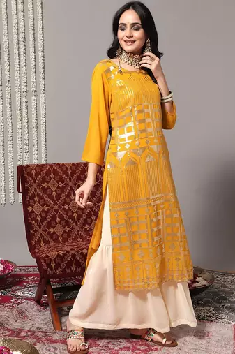 Ethnic Motifs Embroidered Sequinned Detail Straight Kurta & Sharara With Dupatta