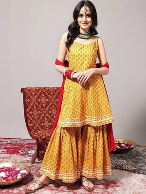 Ethnic Motifs Printed Gotta Patti A-Line Kurta & Sharara With Dupatta 1