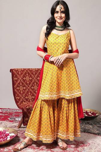 Ethnic Motifs Printed Gotta Patti A-Line Kurta & Sharara With Dupatta