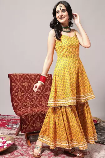 Ethnic Motifs Printed Gotta Patti A-Line Kurta & Sharara With Dupatta