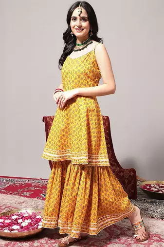 Ethnic Motifs Printed Gotta Patti A-Line Kurta & Sharara With Dupatta