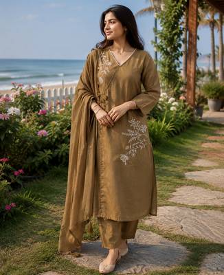 brown embroidered linen angrakha suit set 1