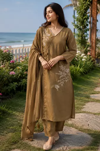 brown embroidered linen angrakha suit set