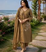 brown embroidered linen angrakha suit set