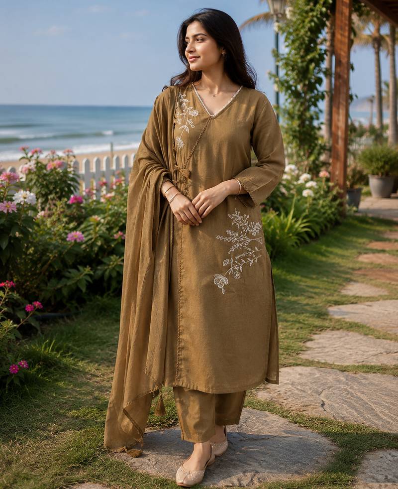 brown embroidered linen angrakha suit set