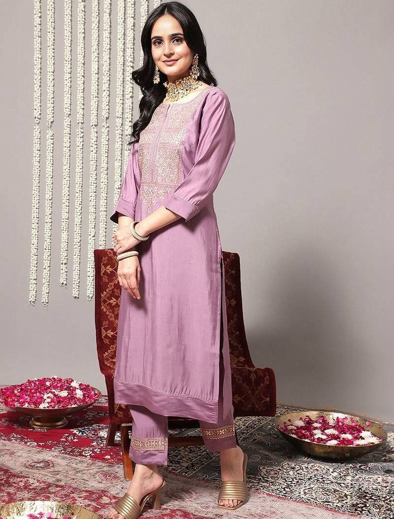 Ethnic Motifs Yoke Design Regular Sequinned Kurta With Trousers & Dupatta