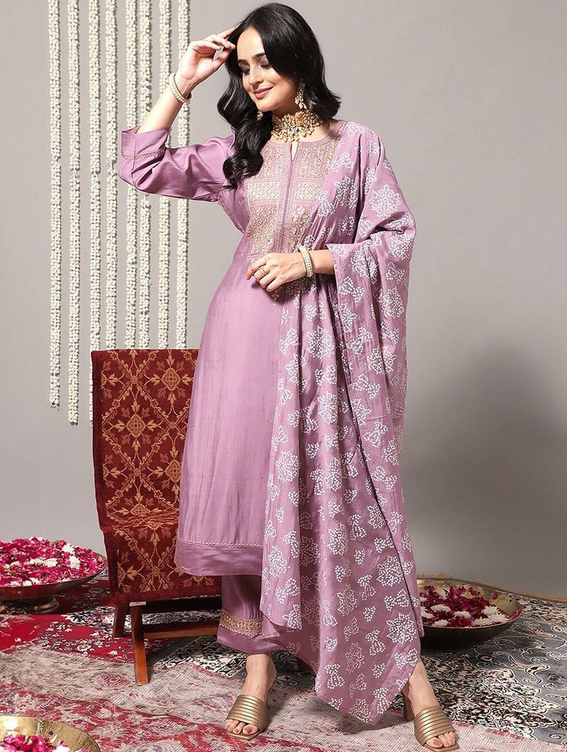 Ethnic Motifs Yoke Design Regular Sequinned Kurta With Trousers & Dupatta