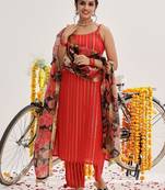 Red Striped Shoulder Straps Straight Kurta & Trousers With Dupatta