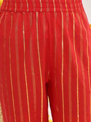 Red Striped Shoulder Straps Straight Kurta & Trousers With Dupatta 3