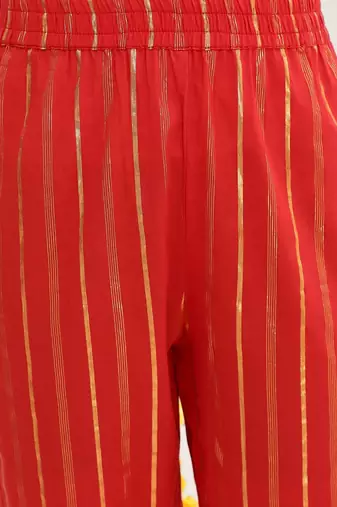 Red Striped Shoulder Straps Straight Kurta & Trousers With Dupatta
