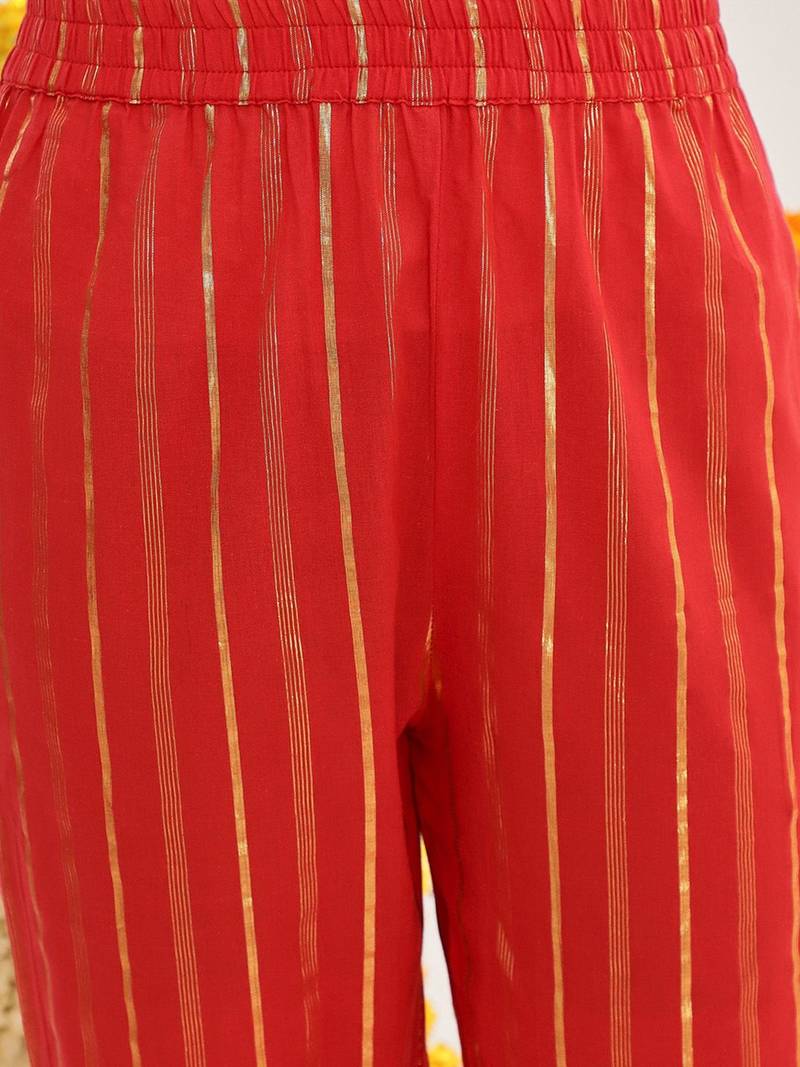 Red Striped Shoulder Straps Straight Kurta & Trousers With Dupatta